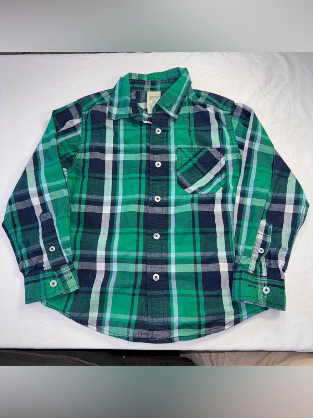 Faded Glory size small 6-7 Green and Navy Plaid Button-Down Shirt flannel